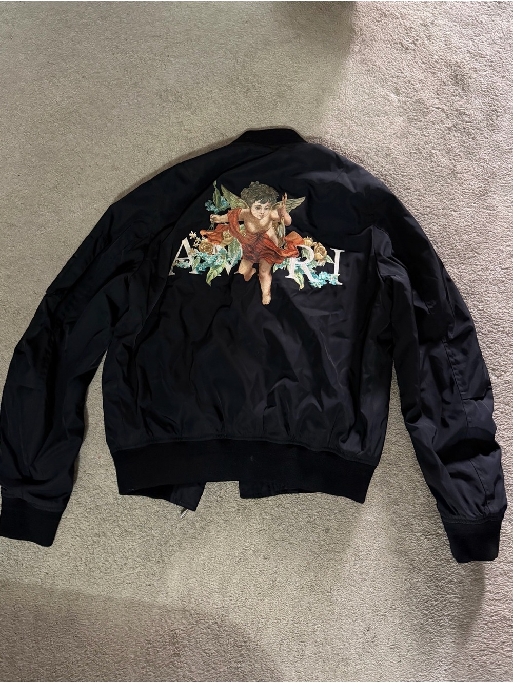 AMIRI Black Bomber Jacket with Cherub and Floral Back Artwork